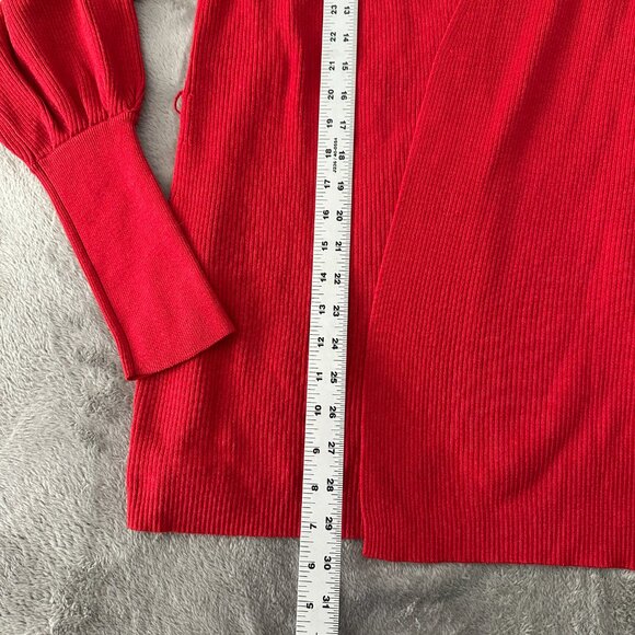 Cabi Caberet Red Ribbed Sweater Cardigan Belted Women's MEDIUM Puff Sleeve - Picture 4 of 6